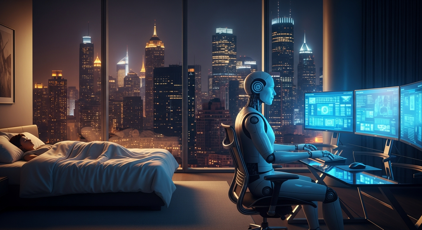 Robot trabajando ante tres pantallas en un penthouse de noche