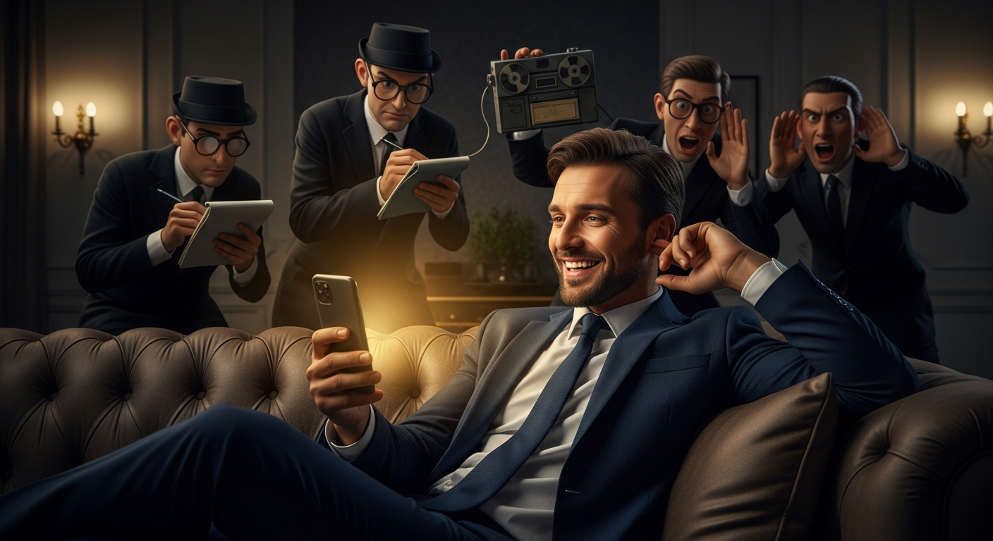 Empresario en sofá mientras espías lo observan desde atrás — metáfora de Shadow AI