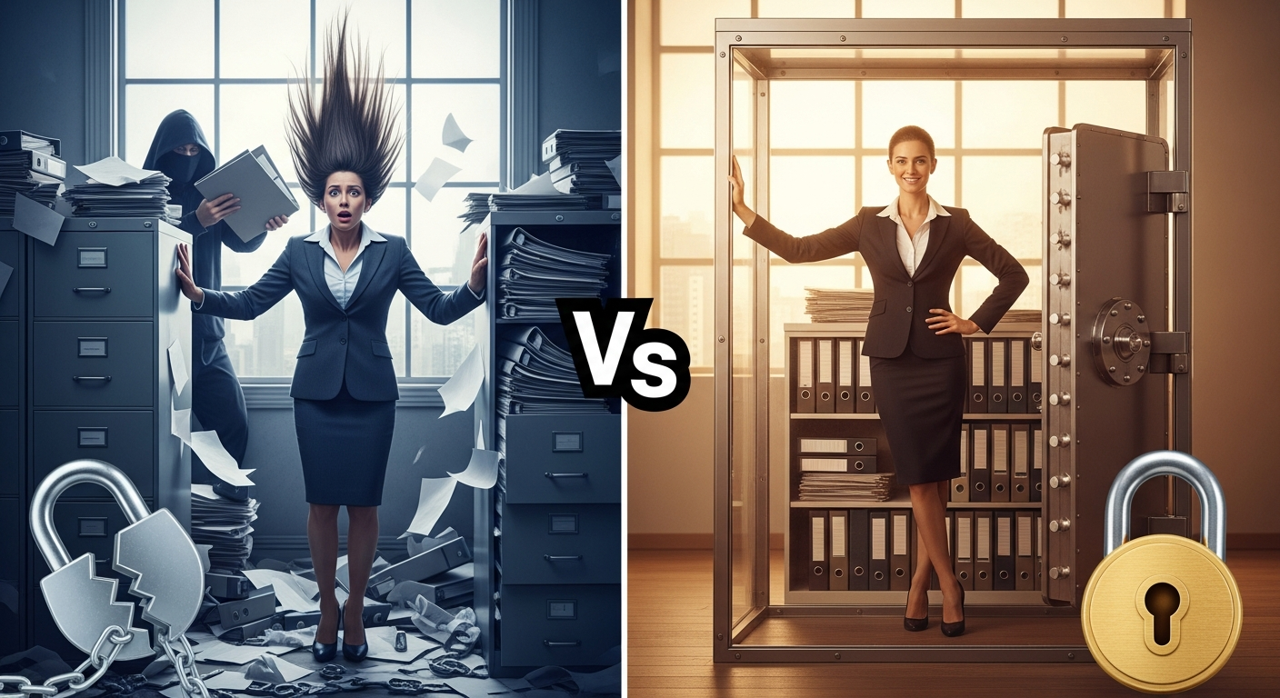 Panel antes/después: empresaria en caos vs empresaria serena con datos protegidos