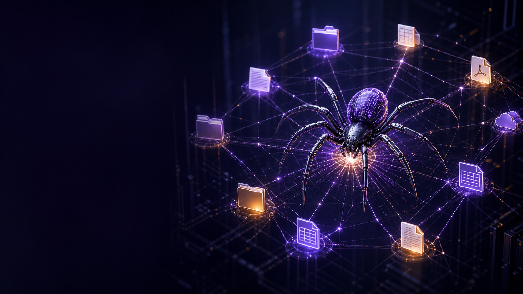 Araña digital conectando nodos de documentos y carpetas empresariales