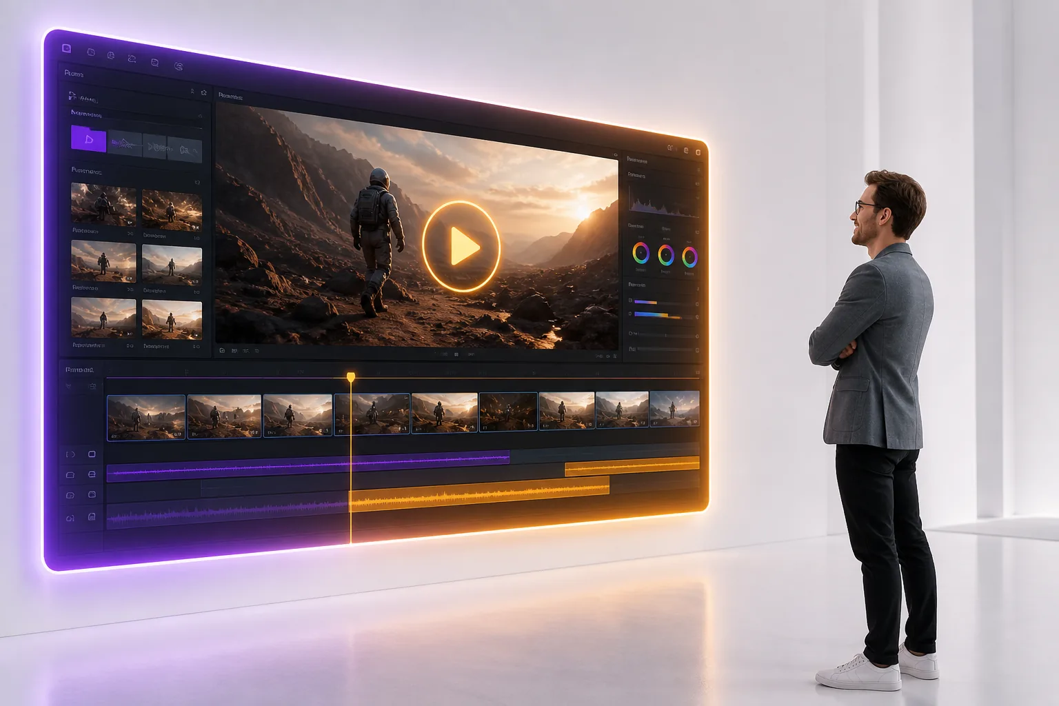 Línea de tiempo de edición de video profesional en una pantalla flotante